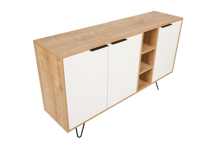 Hanah Home Consola Roble, Blanco. Fabricada 100% en tablero de partículas revestido de melamina con patas metálicas. Medidas: 142x83x35.6 cm.